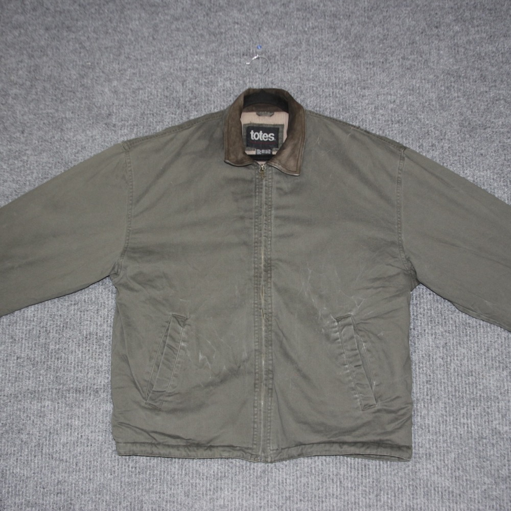 Totes Mens Olive Cotton Leather Collar‎ Zip Up Bomber Jacket Size XL